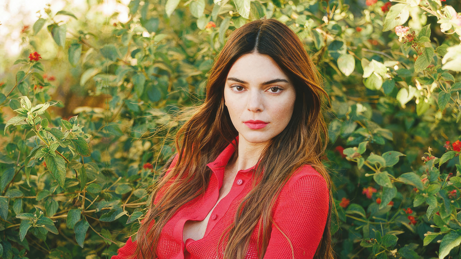 Американская модель Кендалл Дженнер в красной кофте стоит у куста