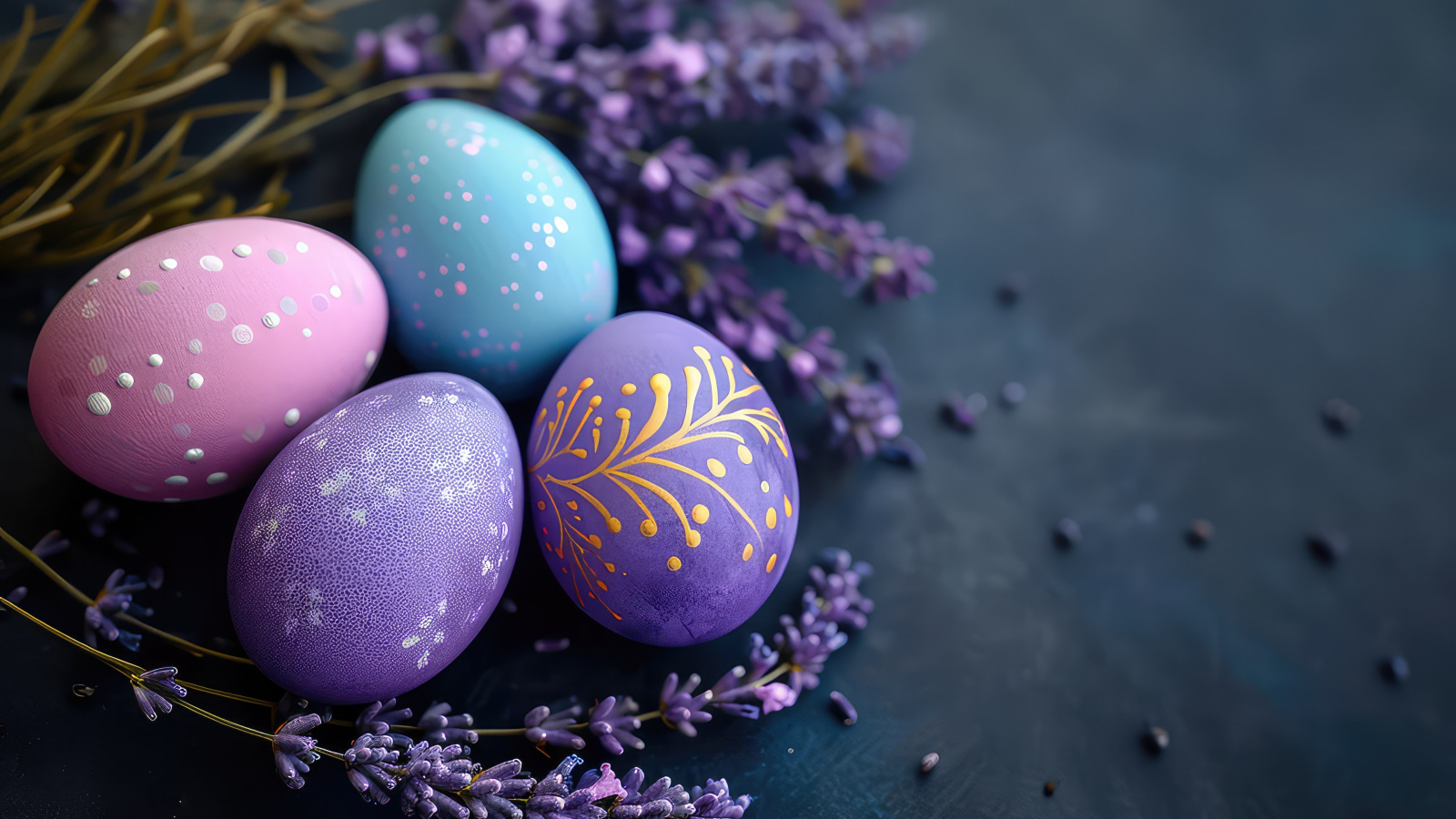 Красивые пасхальные яйца с веточками вербы на сером столе