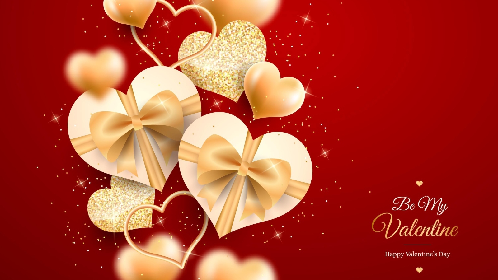 Золотые блестящие сердечки на красном фоне на День Влюбленных
