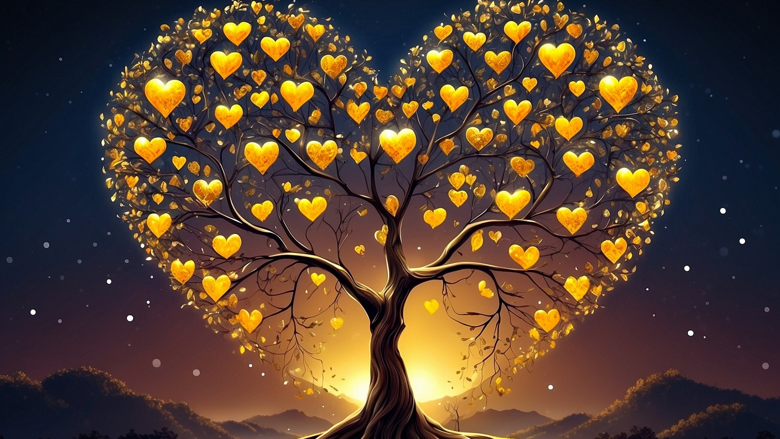 Дерево в форме сердца с золотыми листьями