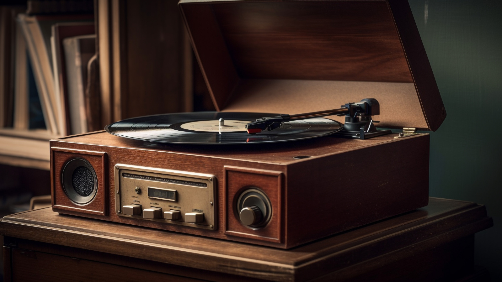 Старый виниловый проигрыватель на столе