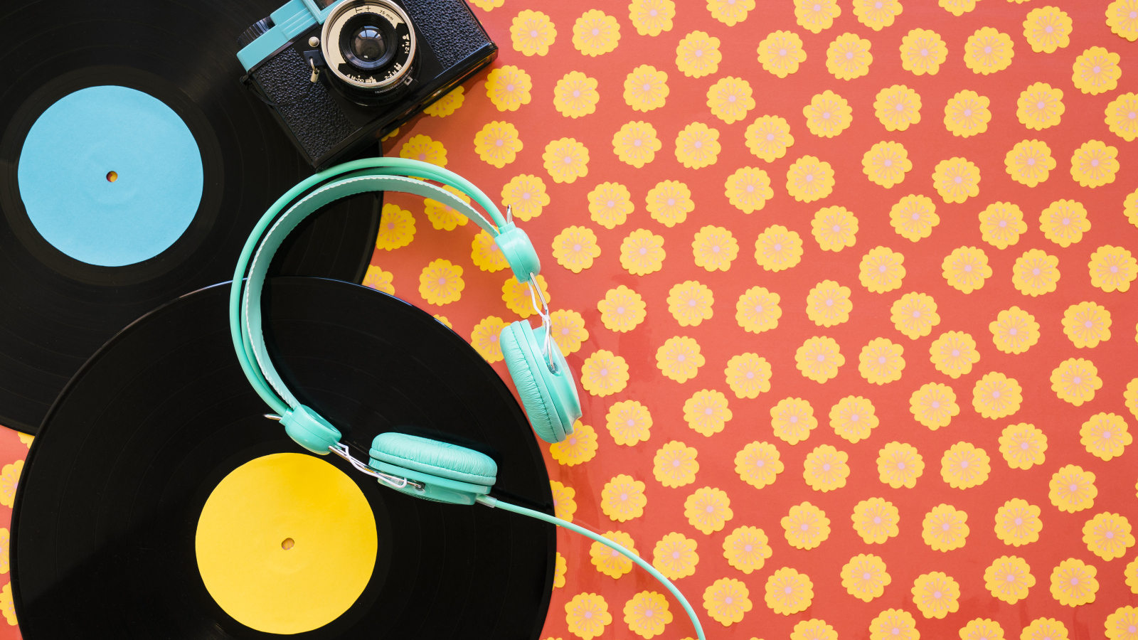 Виниловые пластинки с наушниками и фотоаппаратом