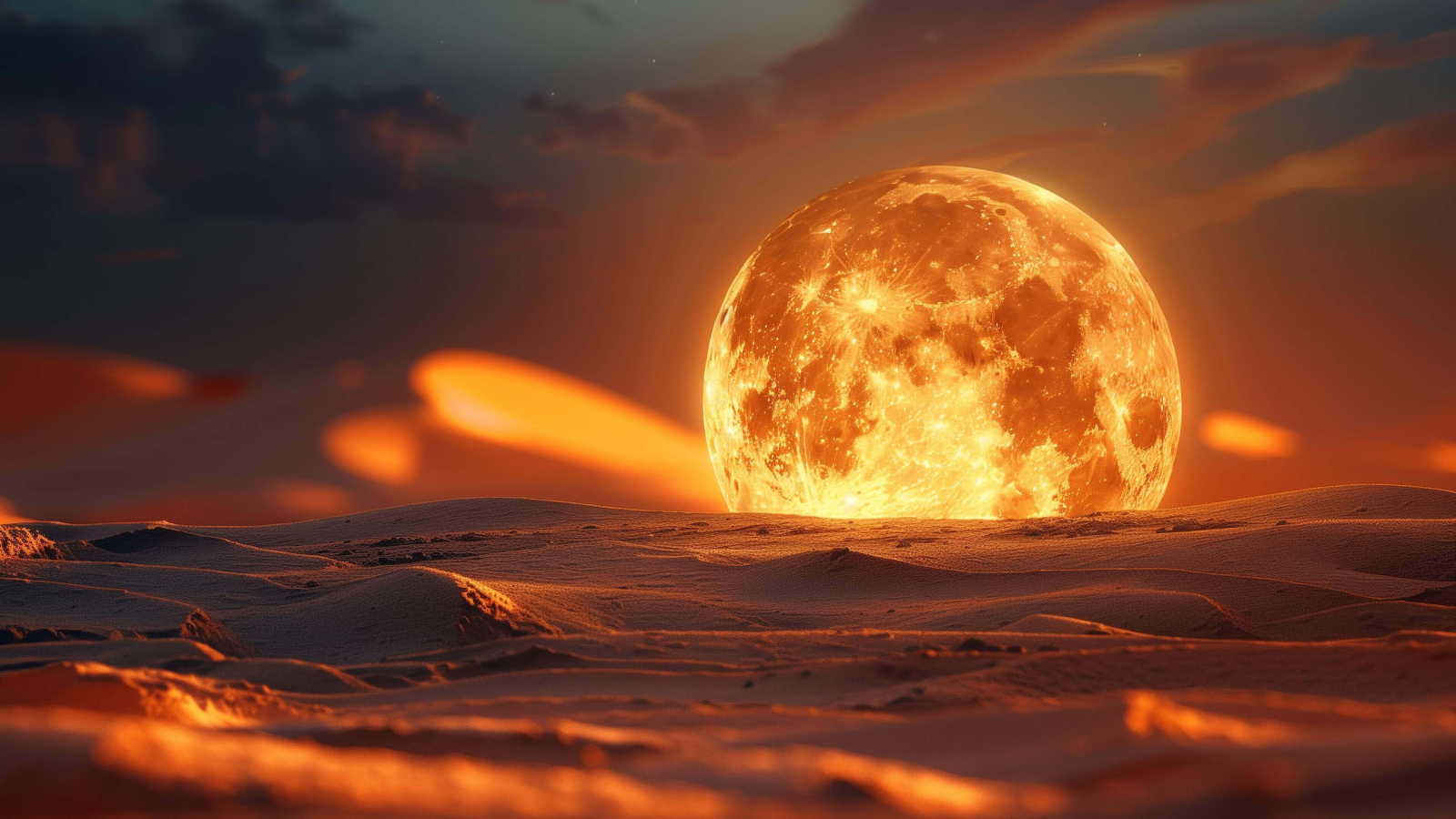 Большая огненная луна на песке