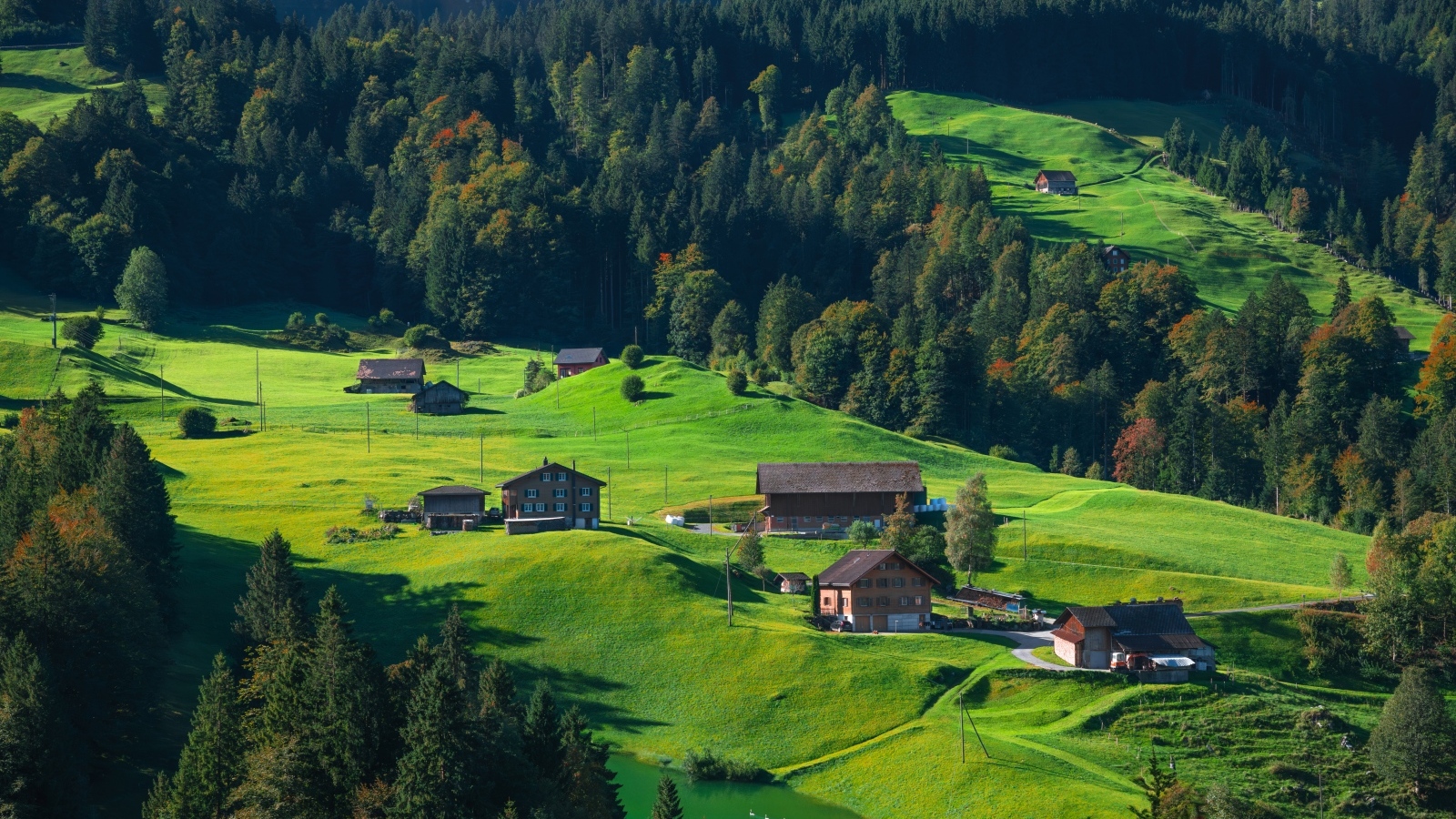 Зеленые холмы с домами в горах