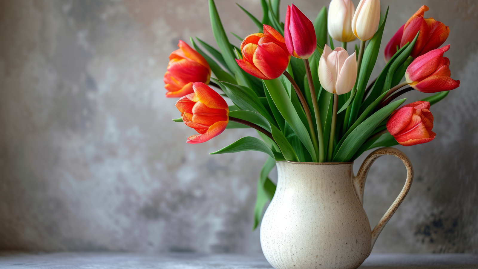 Букет разноцветных тюльпанов в вазе на фоне серой стены