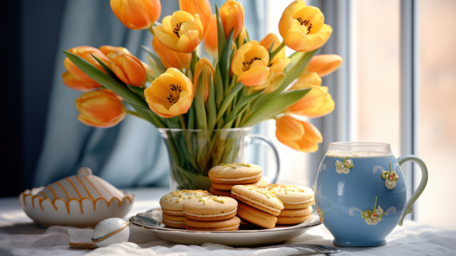 Букет оранжевых тюльпанов с печеньем на столе