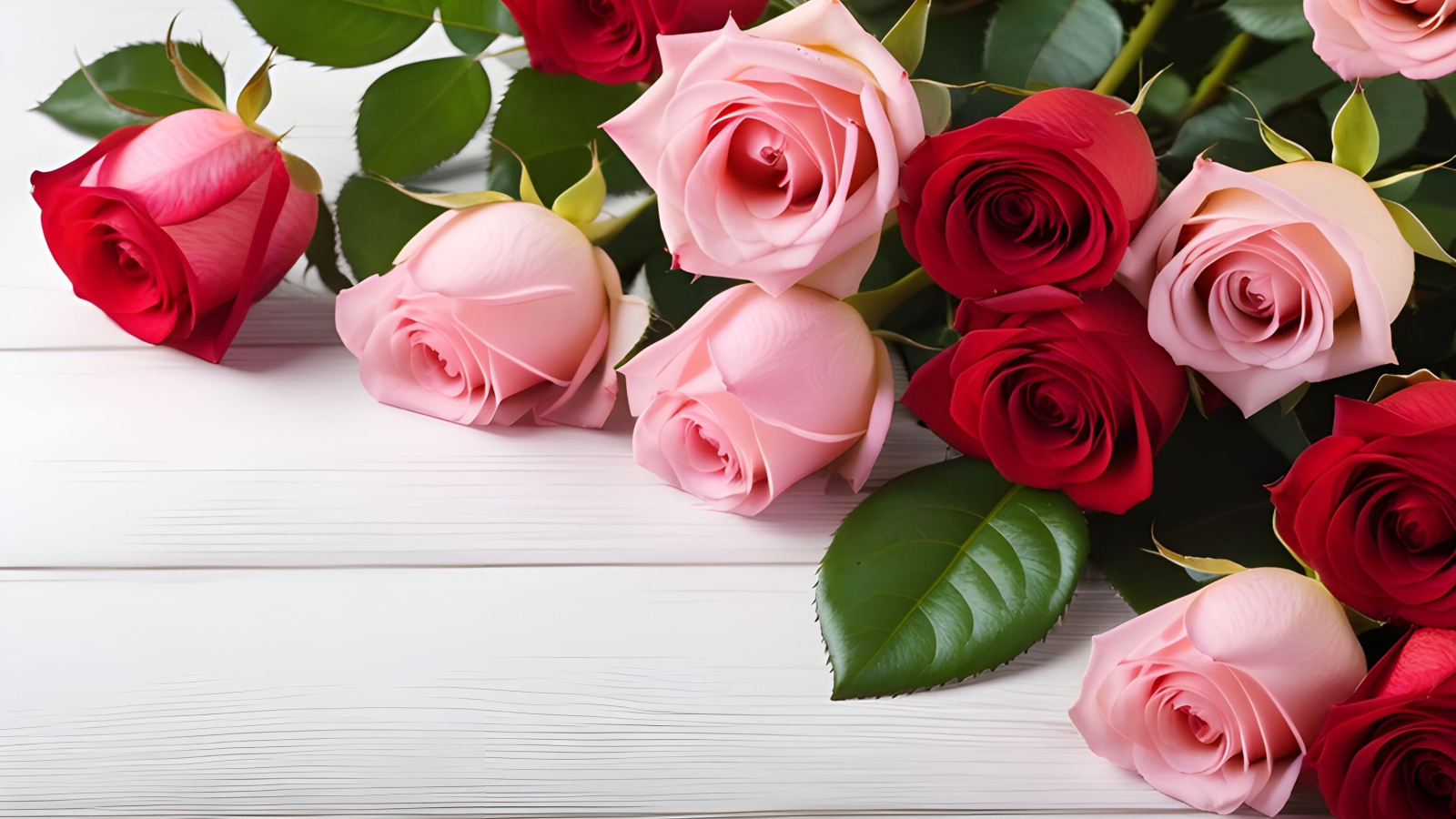 Букет красных и розовых роз на белом столе