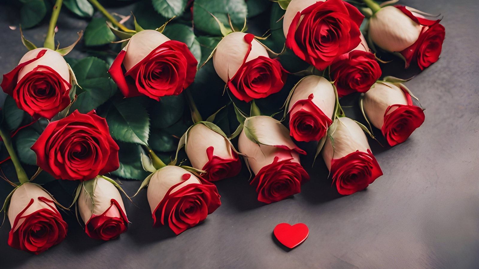 Букет красных роз с сердцем на сером столе