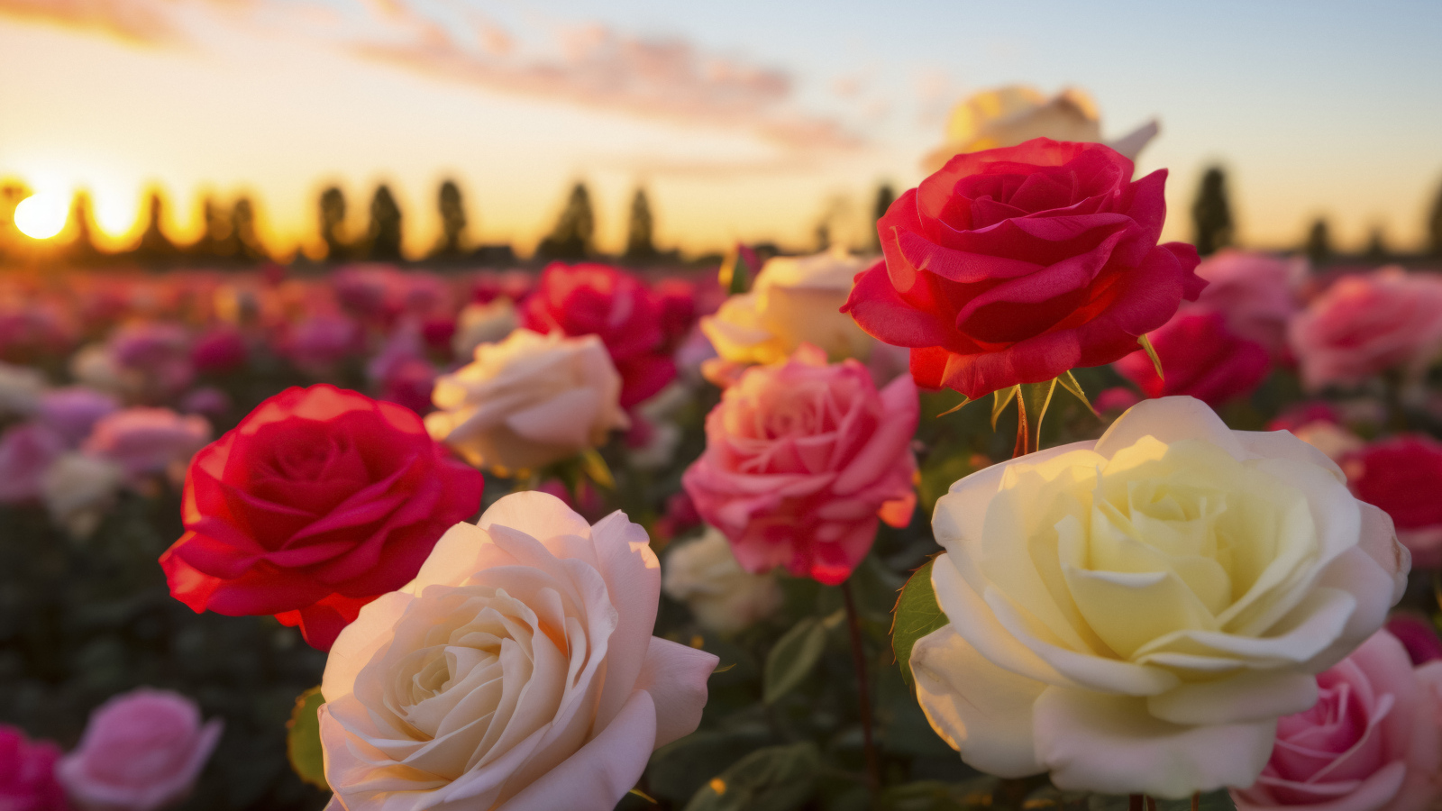 Нежные разноцветные розы в лучах солнца на закате
