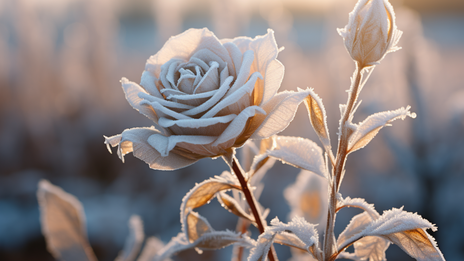 Покрытая инеем роза с бутоном в лучах солнца