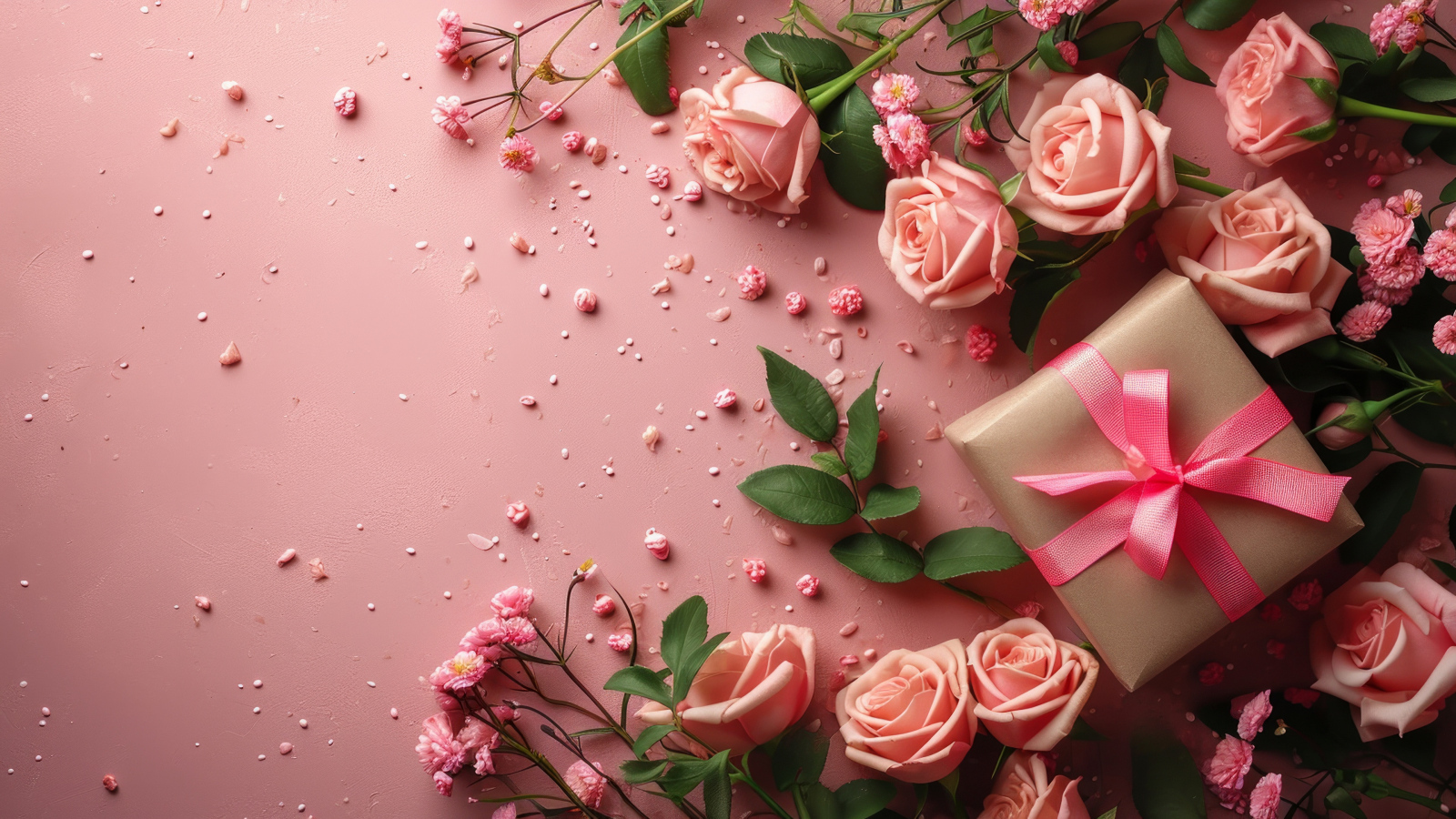 Подарок с розами на розовом фоне