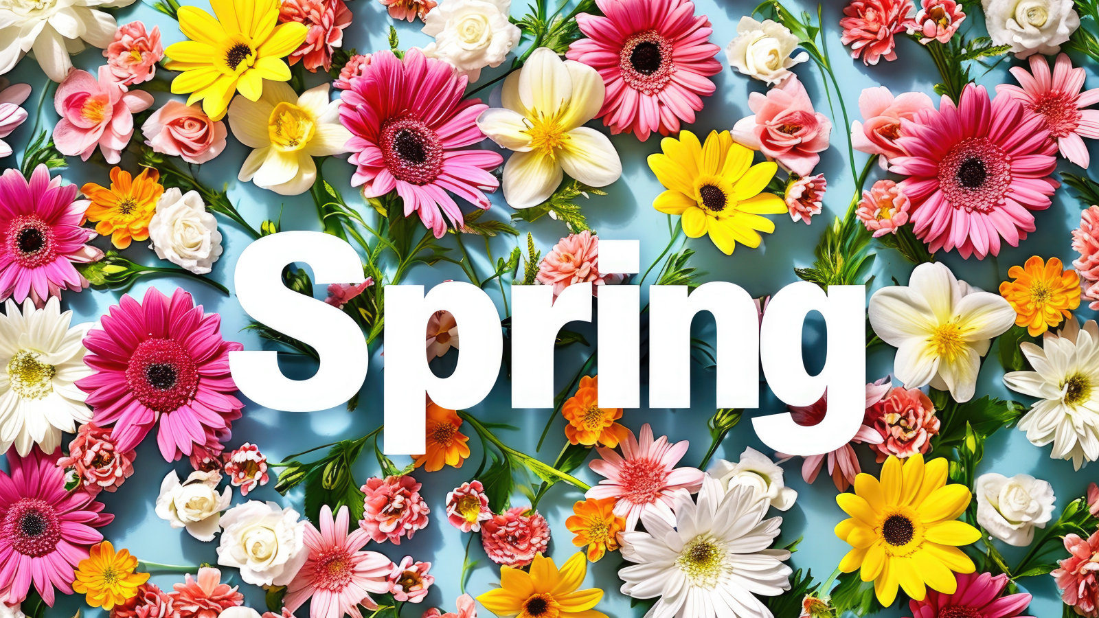 Много разноцветных цветов на голубом фоне с надписью весна