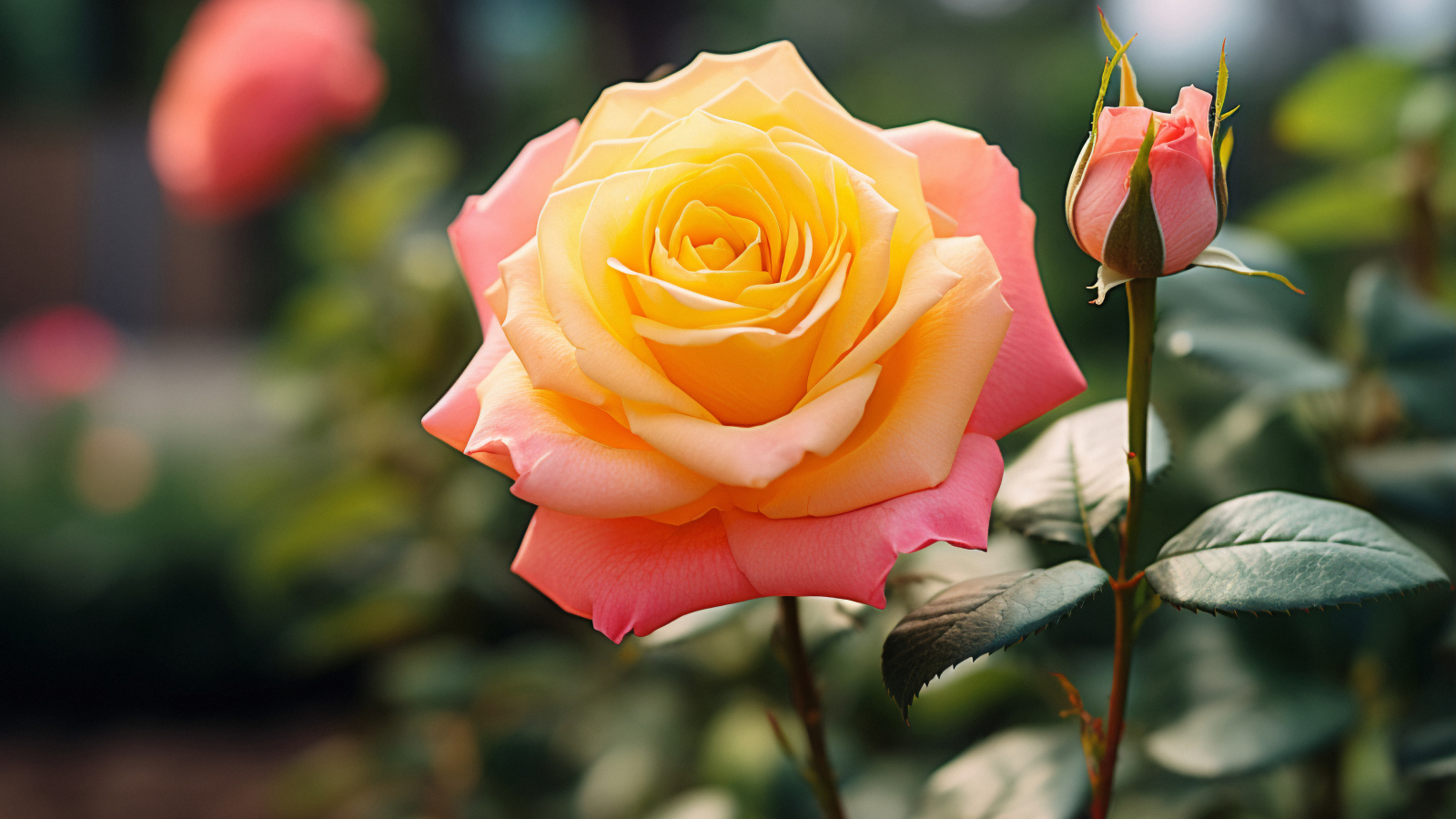 Розовая роза с желтой серединкой с бутоном