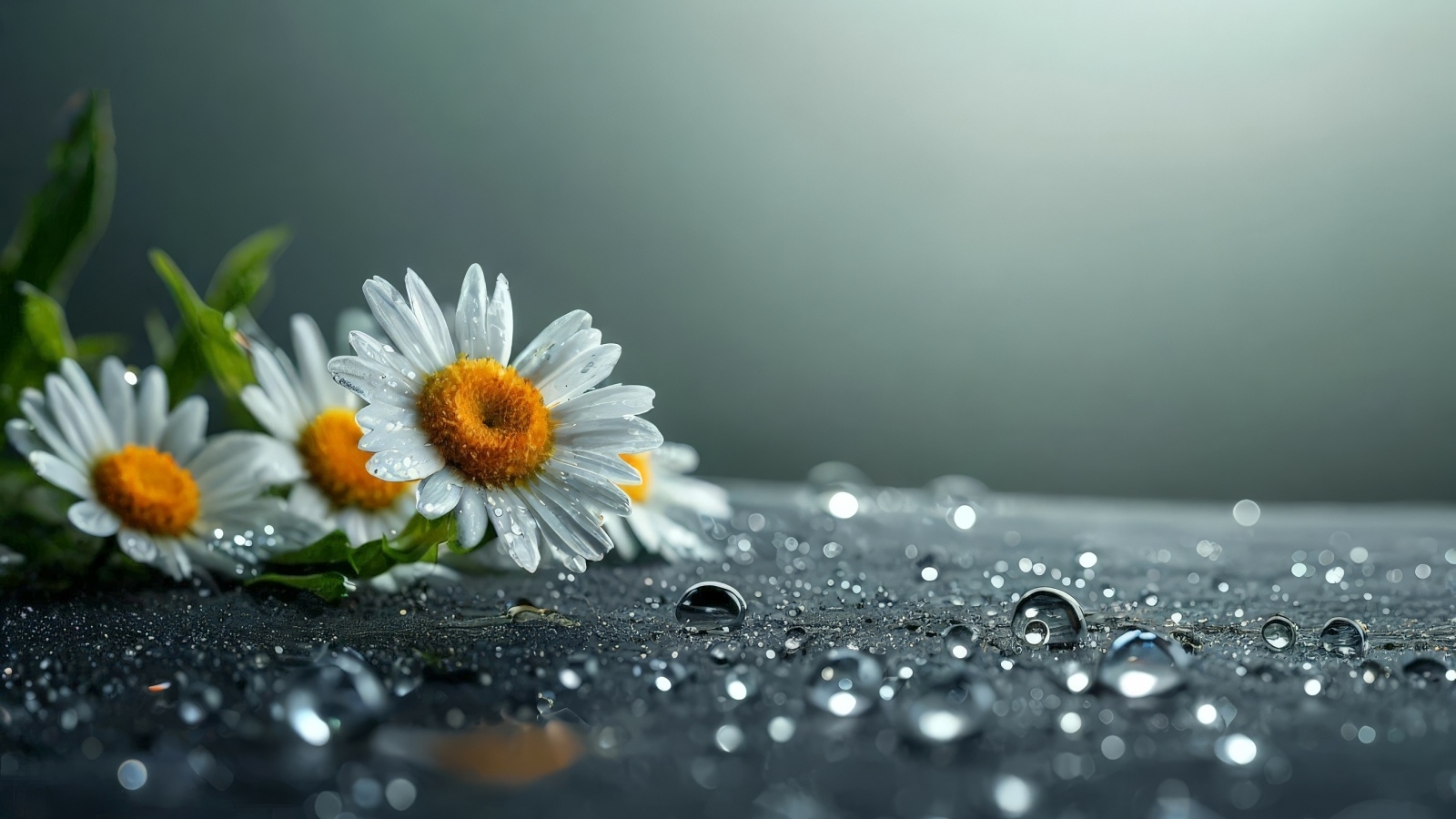 Несколько ромашек лежат на поверхности, покрытой каплями воды