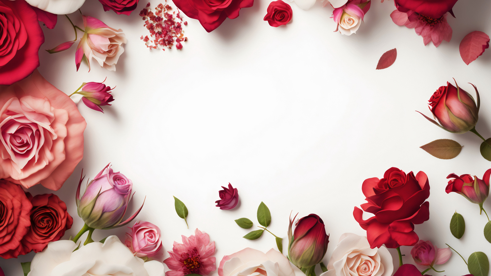 Белый фон с сорванными цветами розы