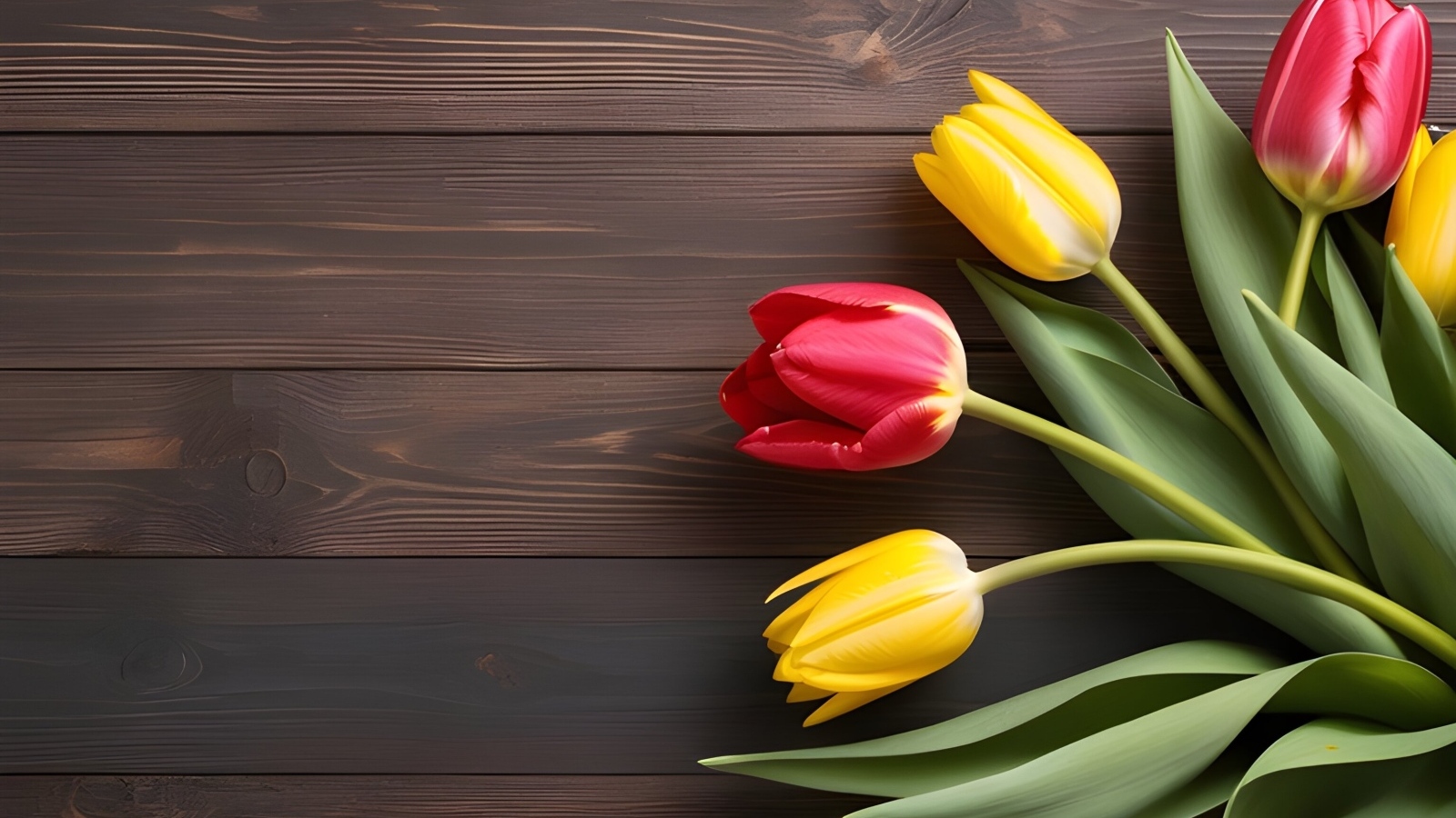 Желтые и розовые тюльпаны на деревянном столе