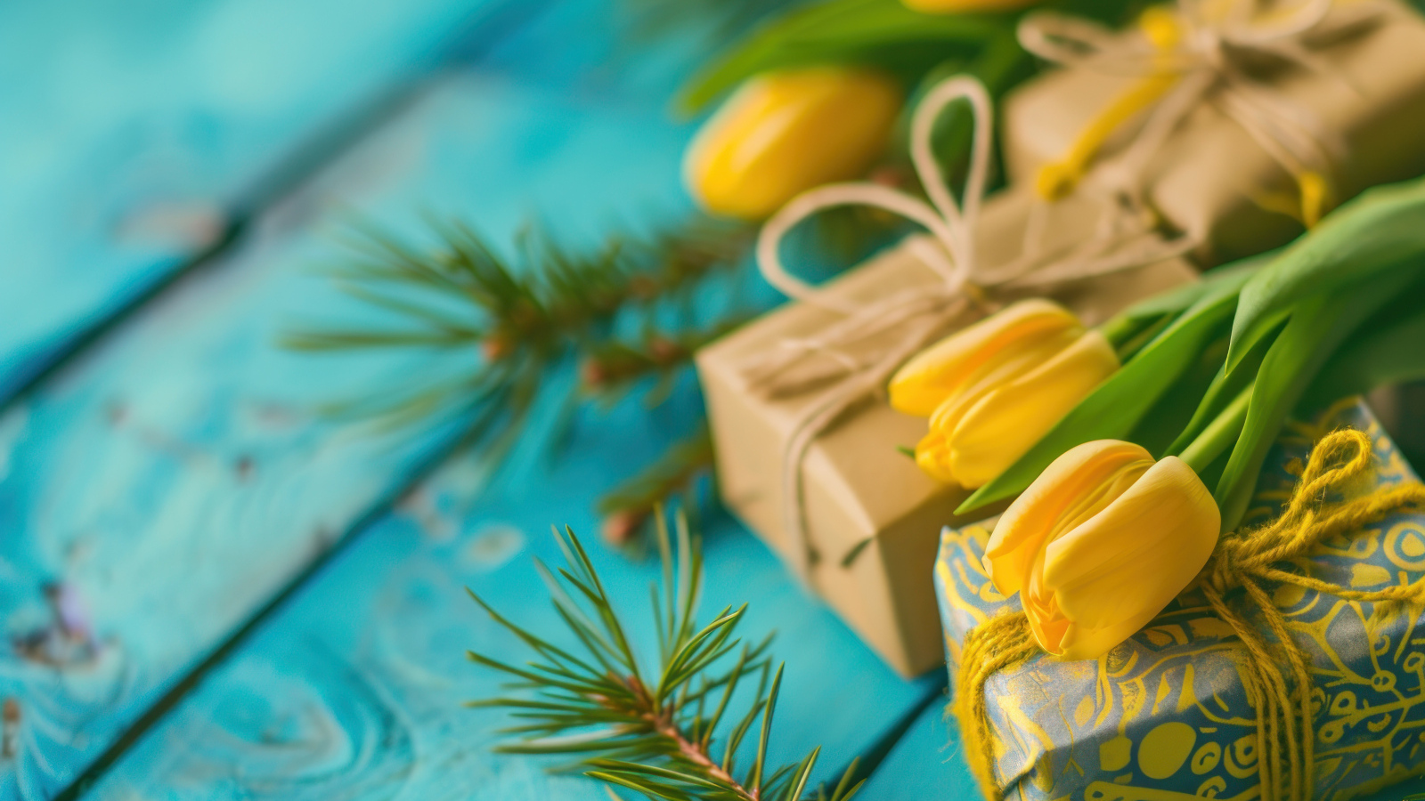Желтые тюльпаны, еловые ветки и подарки на голубом столе