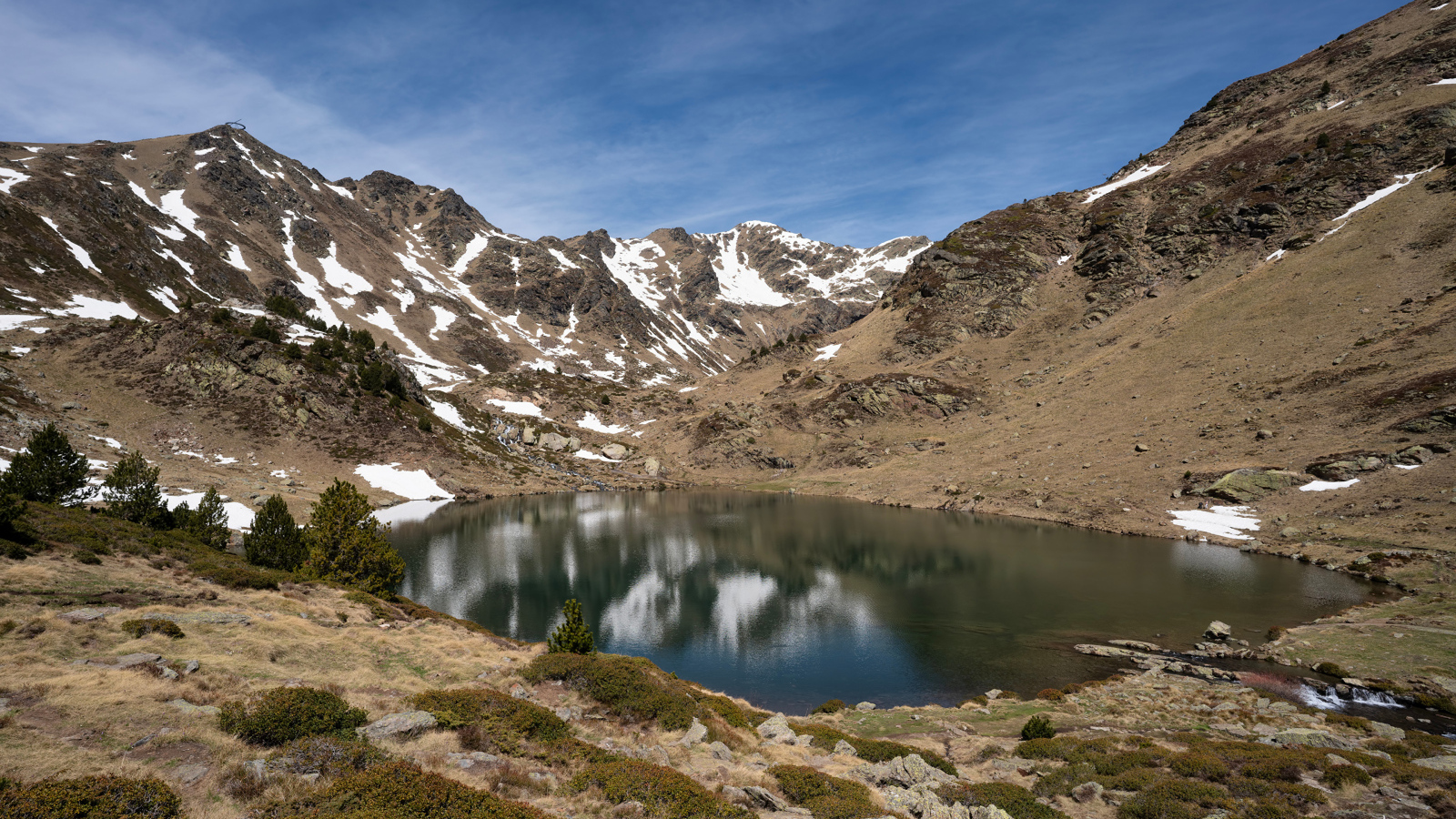 Озеро в горах Андорры под голубым небом