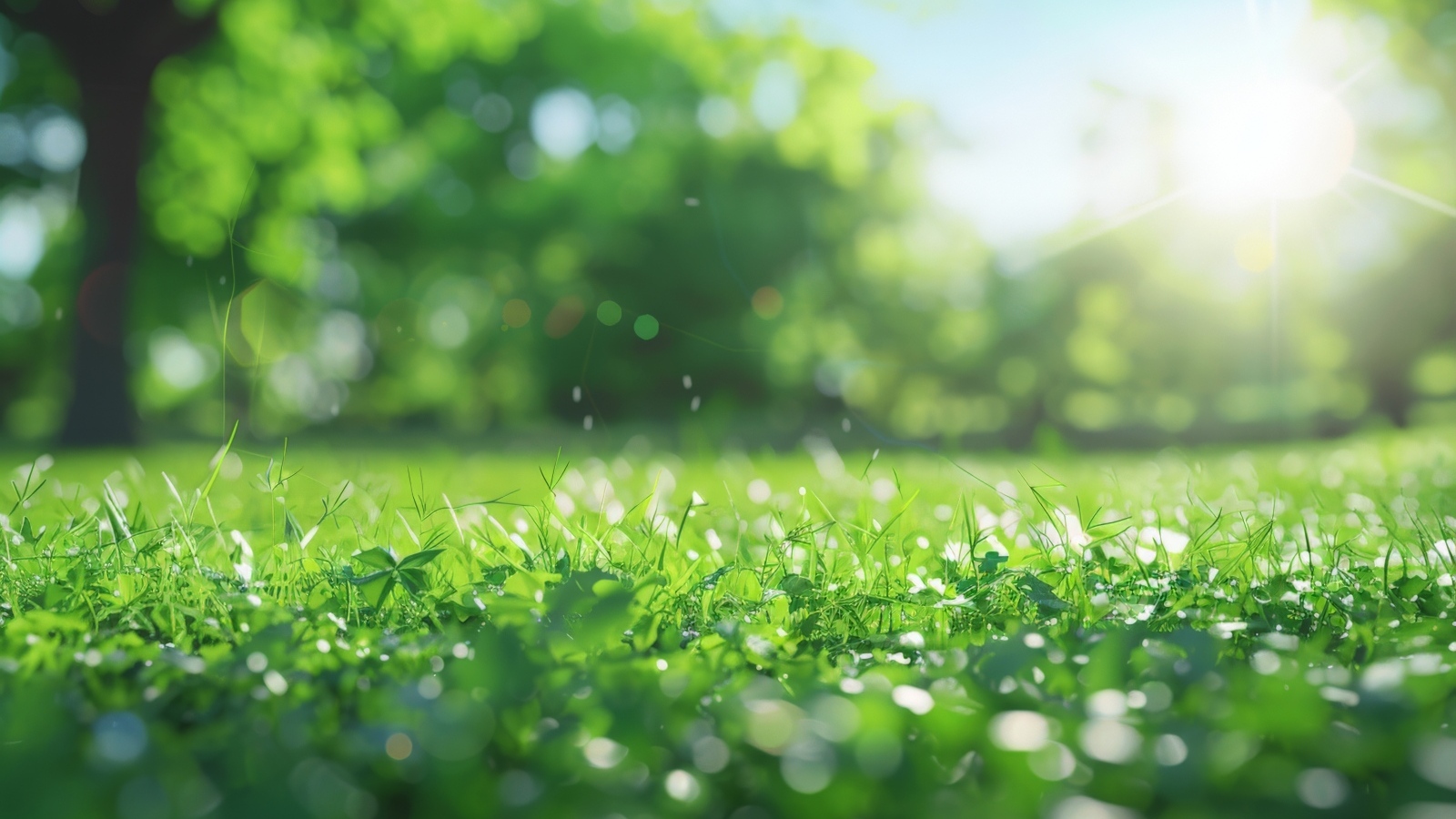 Зеленая молодая трава в лучах солнца летом