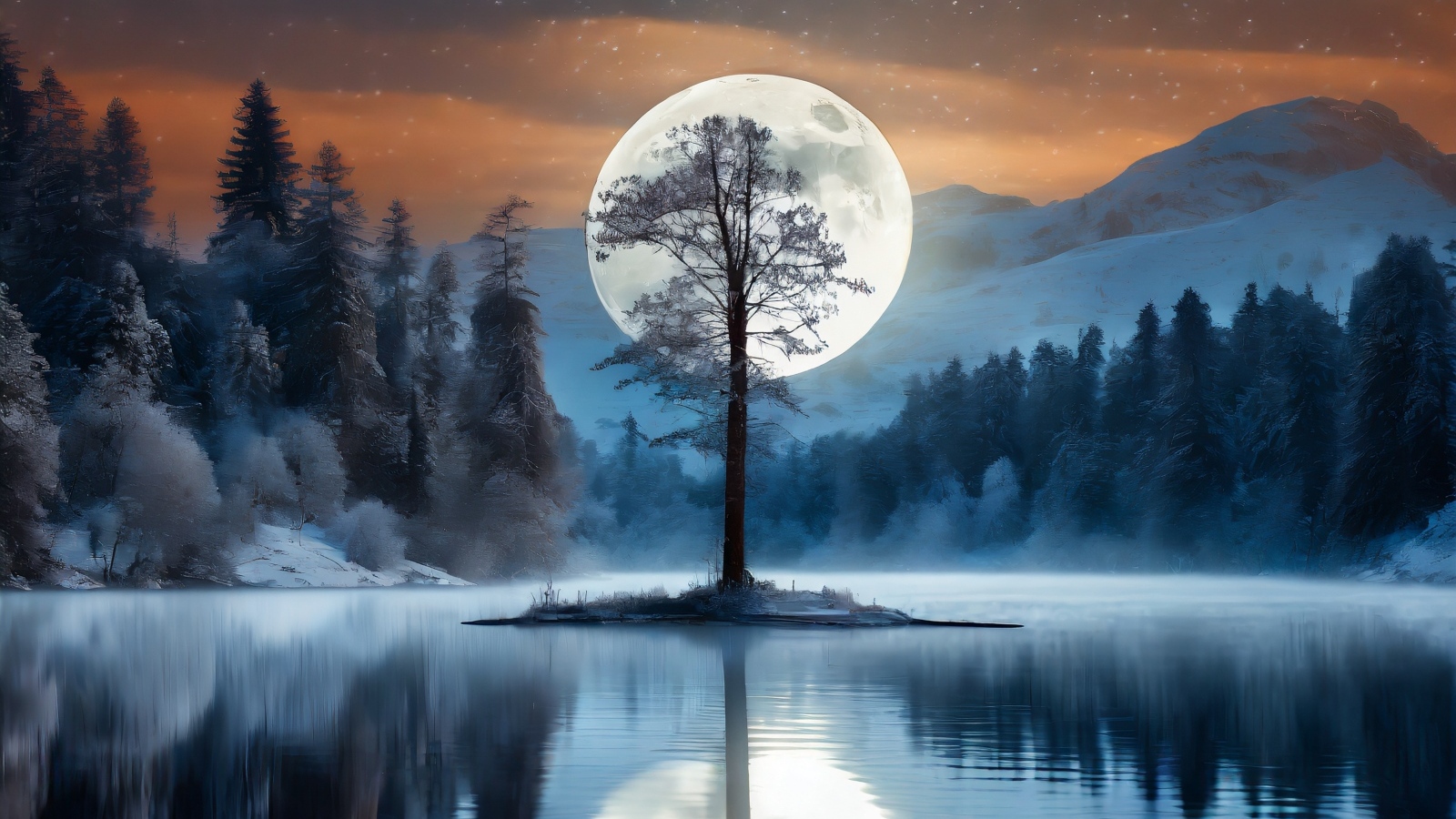 Большая белая луна за одиноким деревом у озера в горах