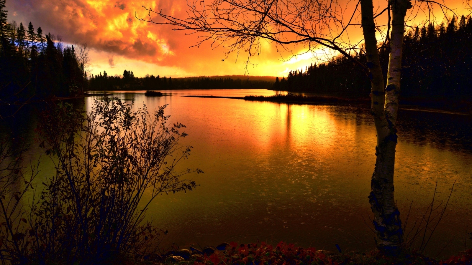 Спокойная гладь реки на закате солнца осенью 