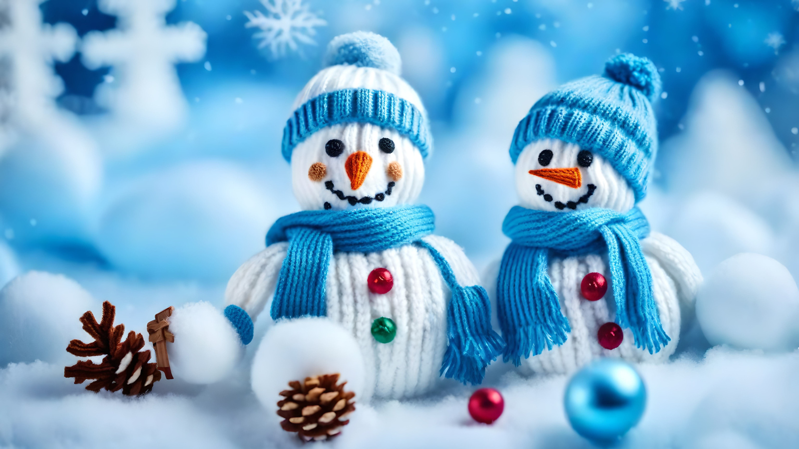 Два снеговика в шапках на снегу с шишками