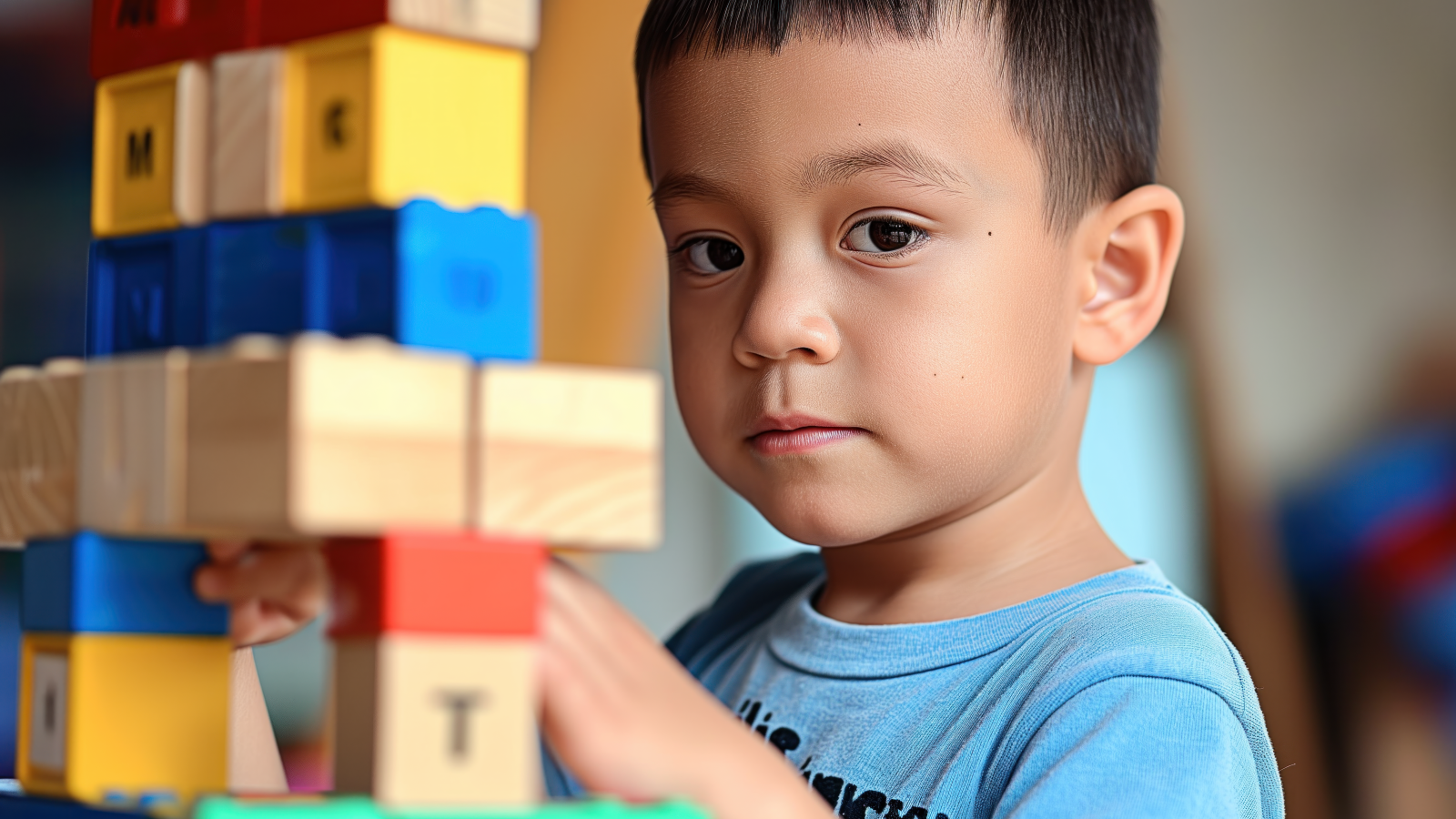 Маленький мальчик играет с кубиками