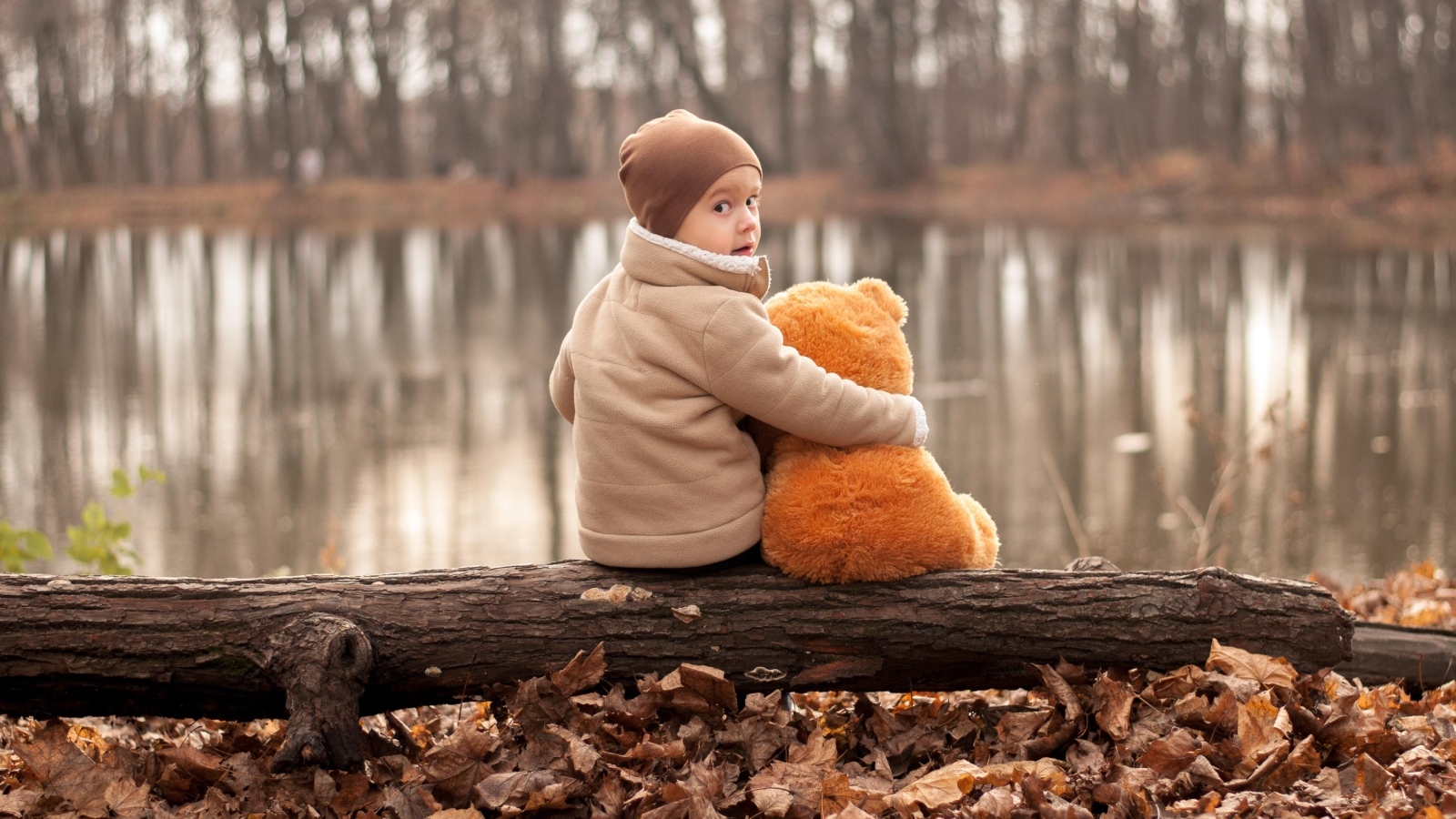 Маленький мальчик с игрушкой сидят на колоде у озера осенью