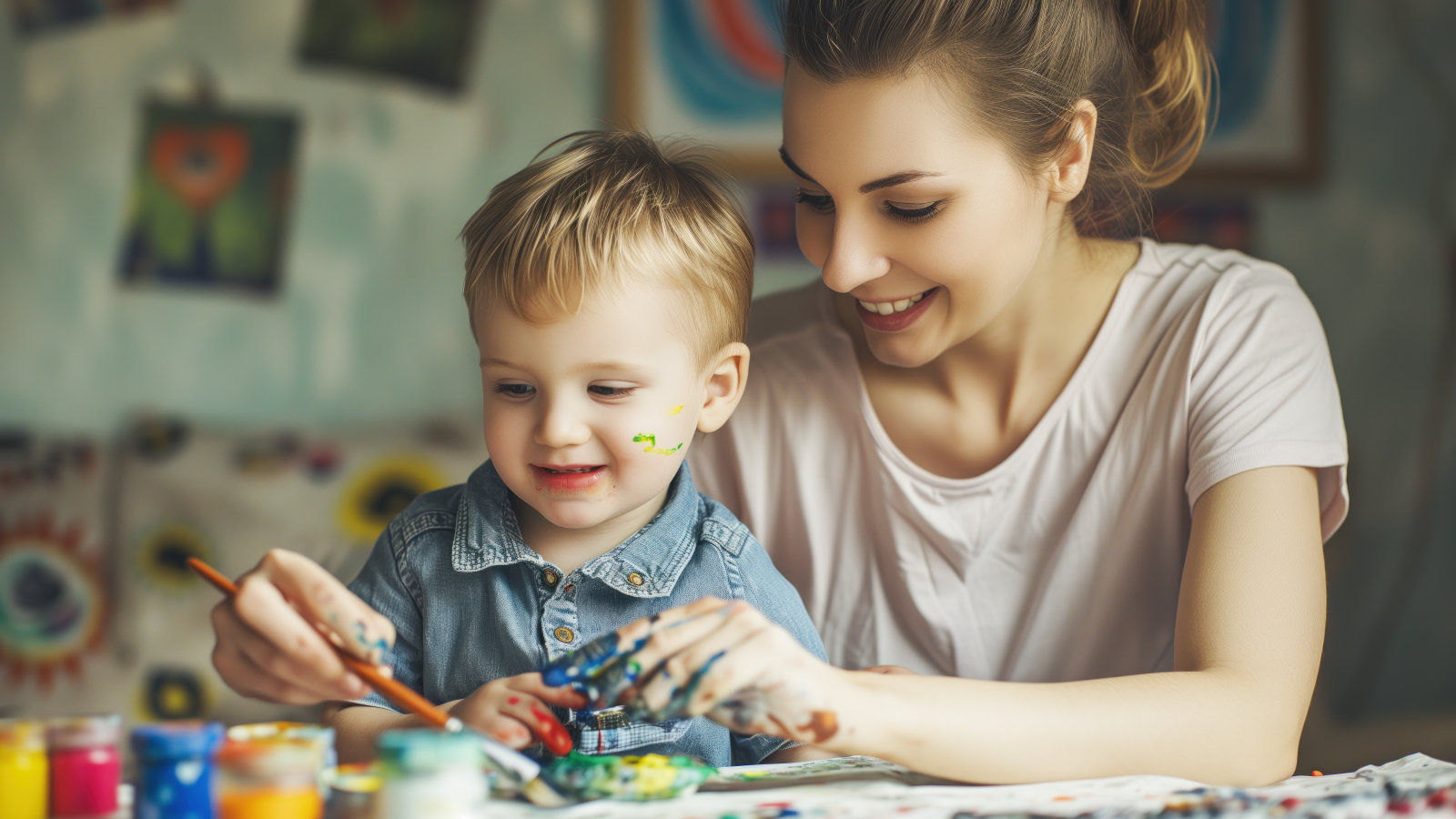 Мама рисует красками с сыном