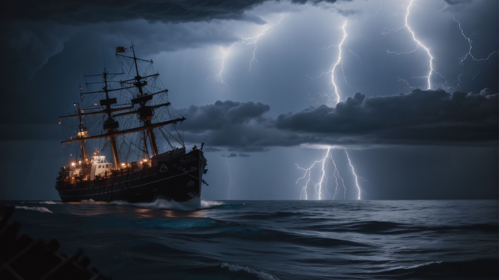 Корабль в бушующем море в шторм на фоне молнии в небе