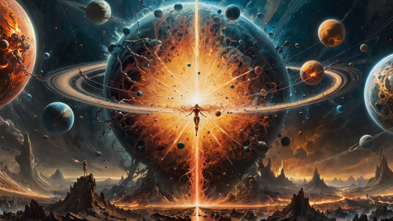 Girl against the backdrop of a planet exploding in space