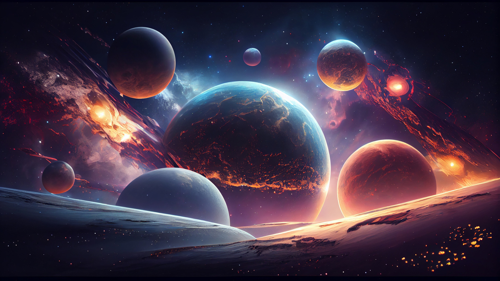 Вид на большие планеты в огненном космосе