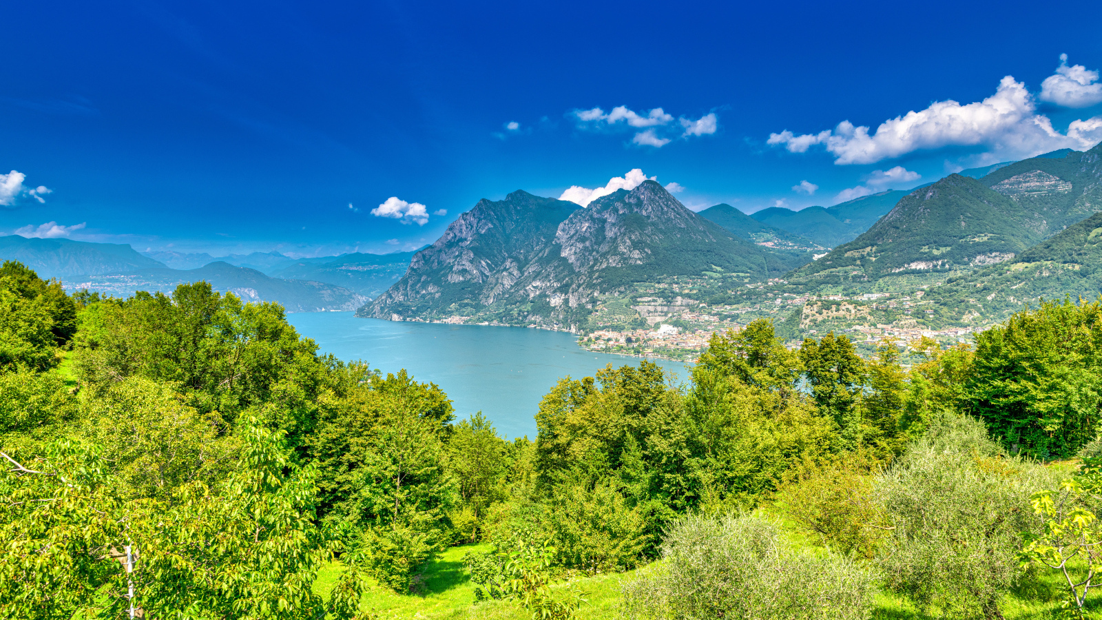 Красивый вид на деревья, озеро и горы, Италия