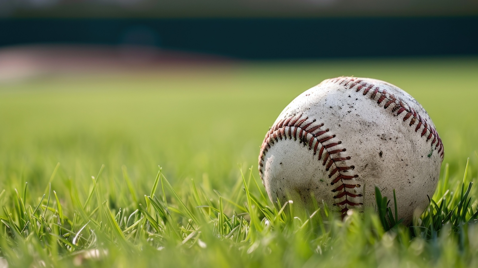 Грязный бейсбольный мяч на зеленой траве на поле