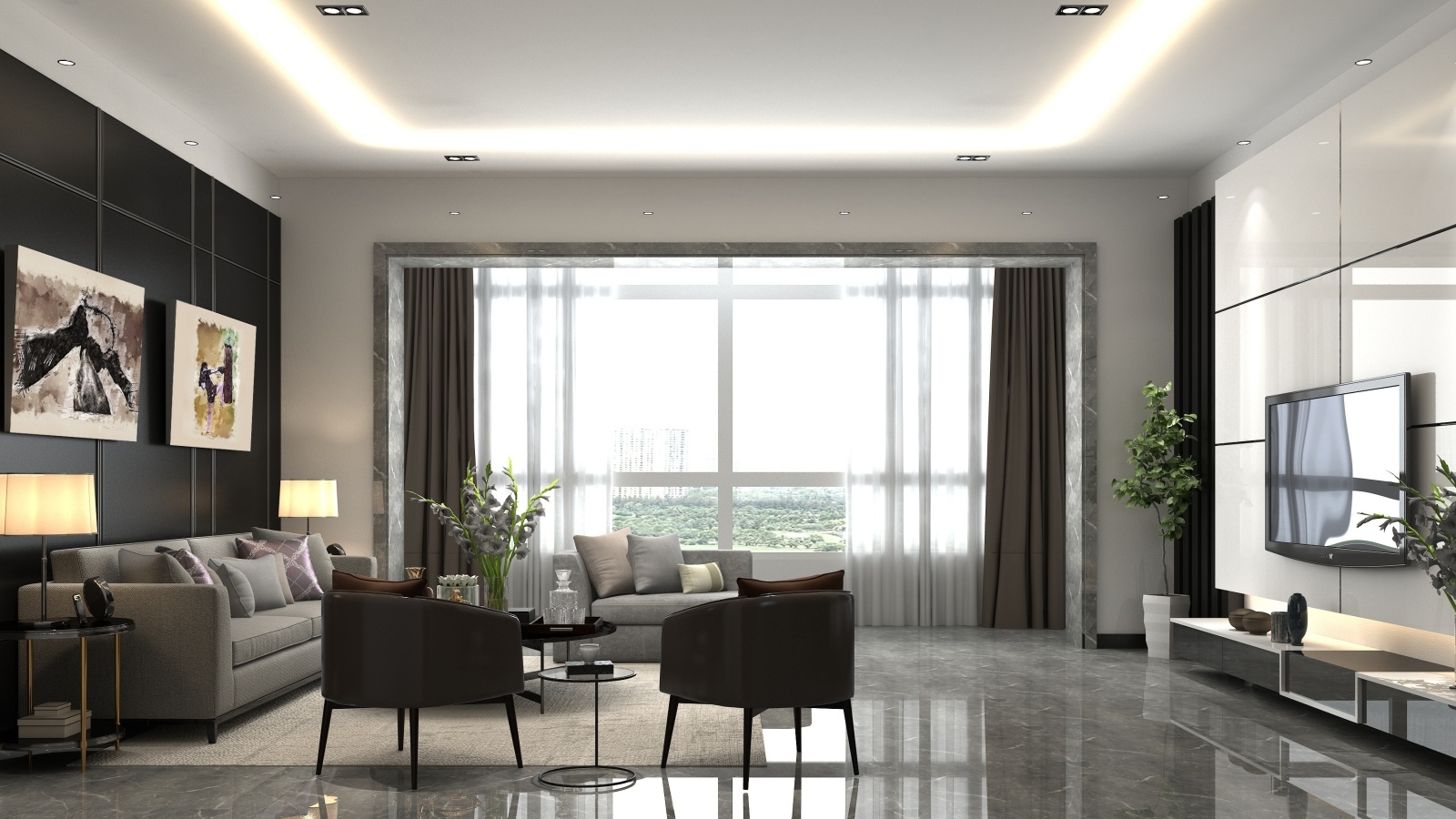 Большое окно в комнате с телевизором и мебелью 