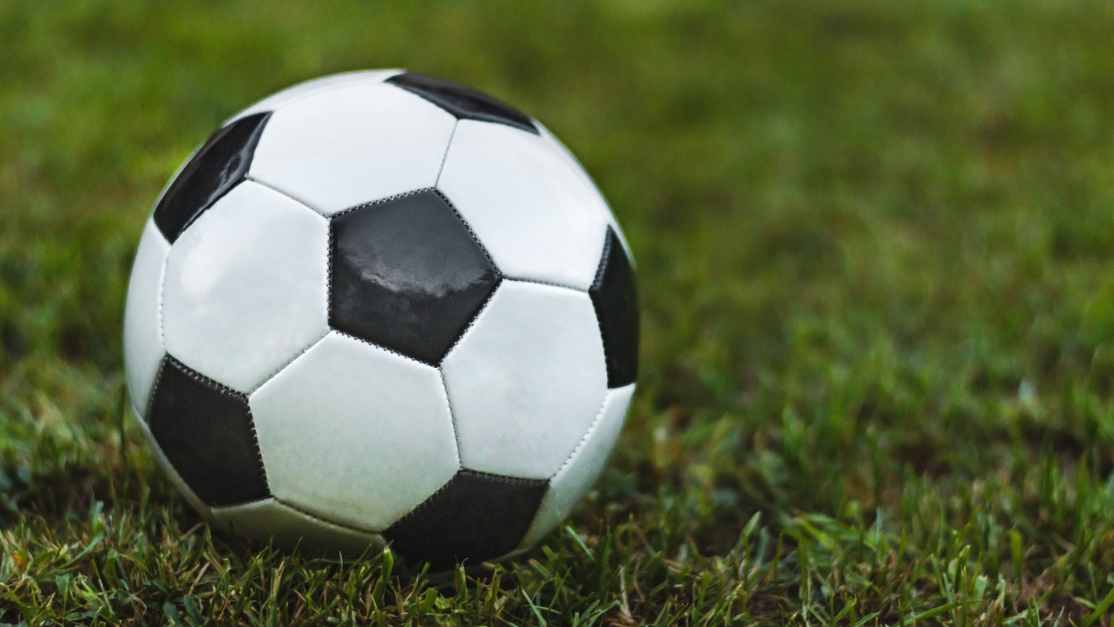 Футбольный мяч лежит на зеленой траве 
