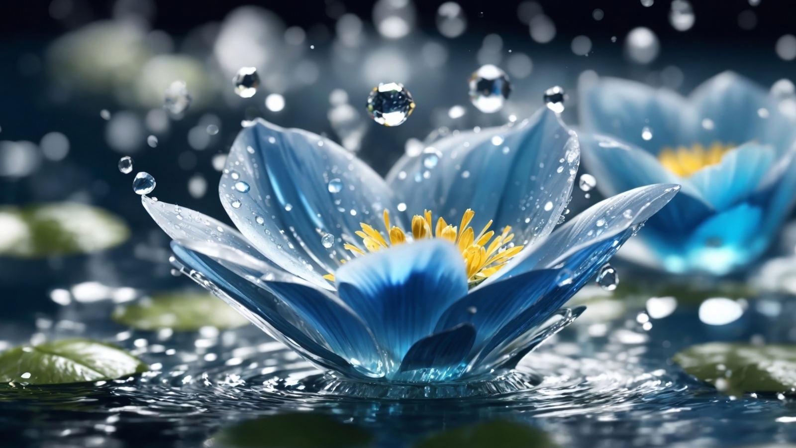 Капли дождя летят на красивый синий цветок