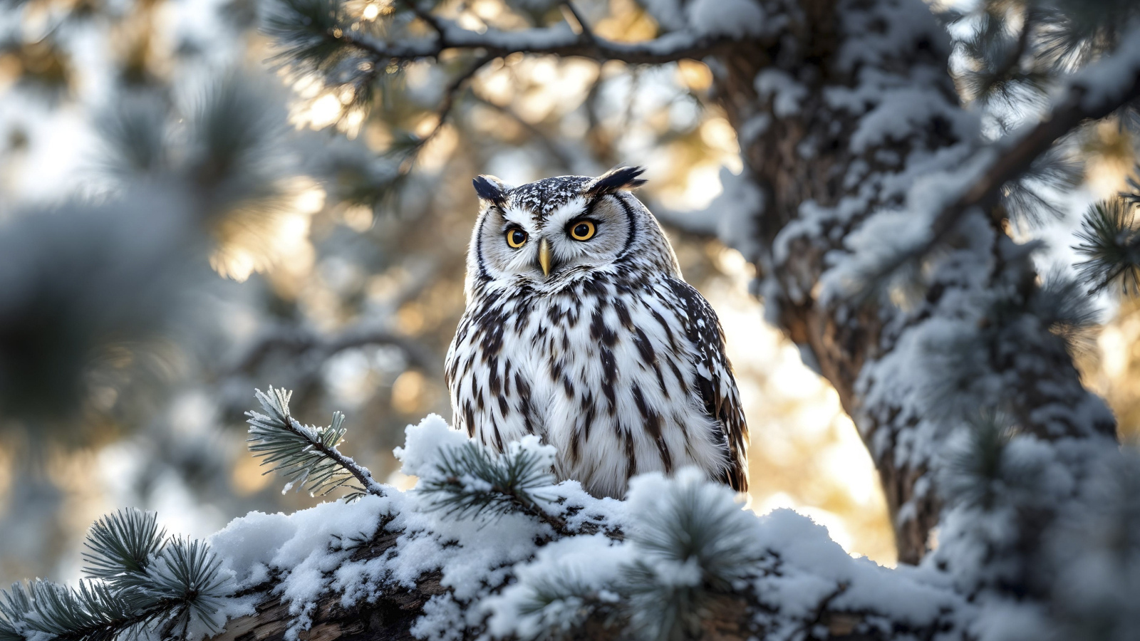 Большая сова сидит на заснеженной ветке дерева