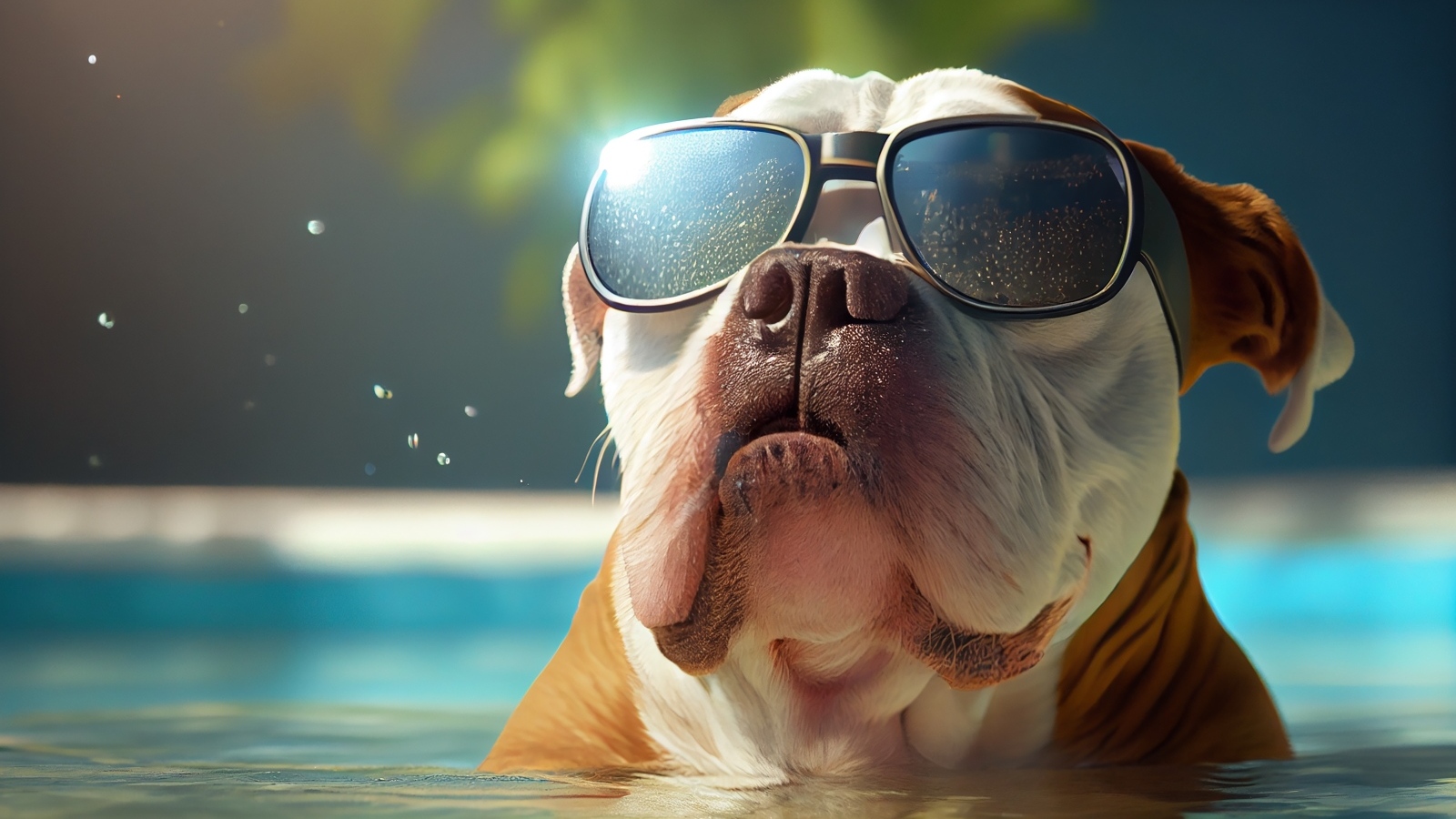 Бульдог в очках сидит в воде