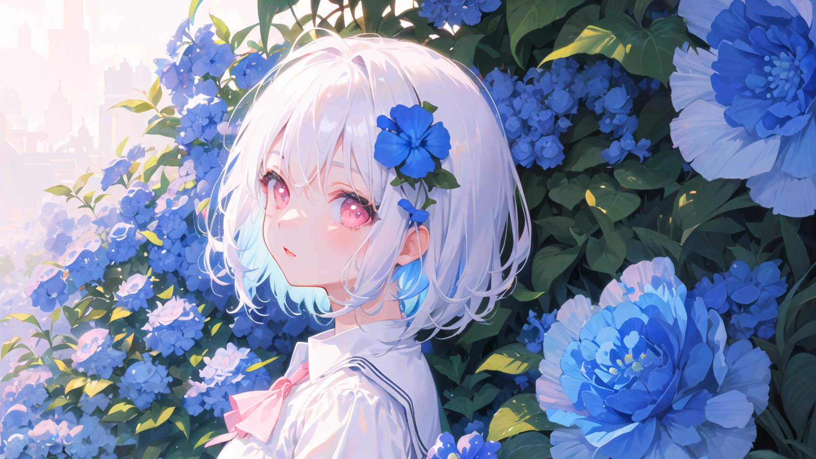Девушка аниме на фоне голубых цветов