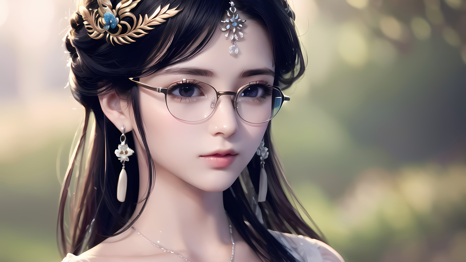 Девушка аниме в очках с украшениями на голове
