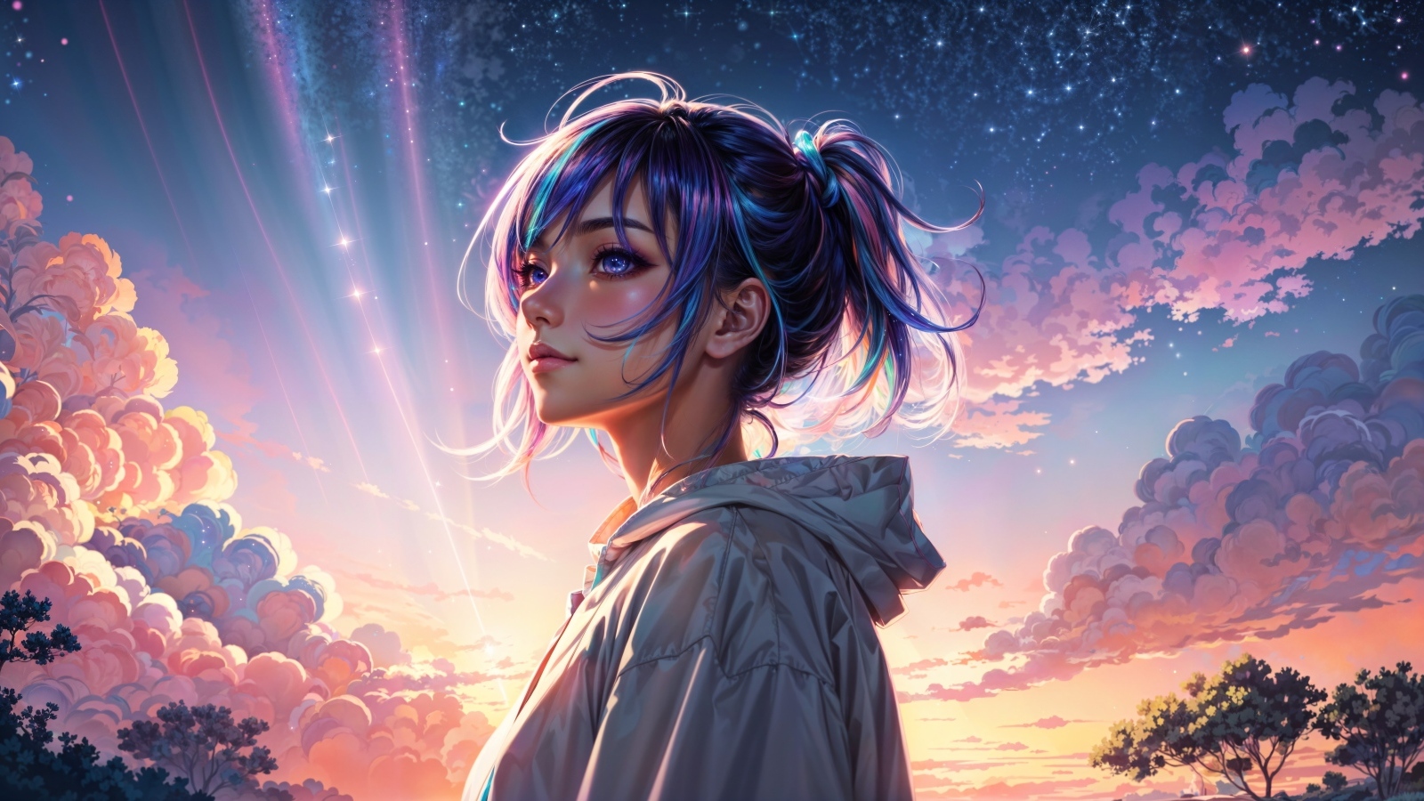 Девушка аниме с фиолетовыми волосами на фоне неба