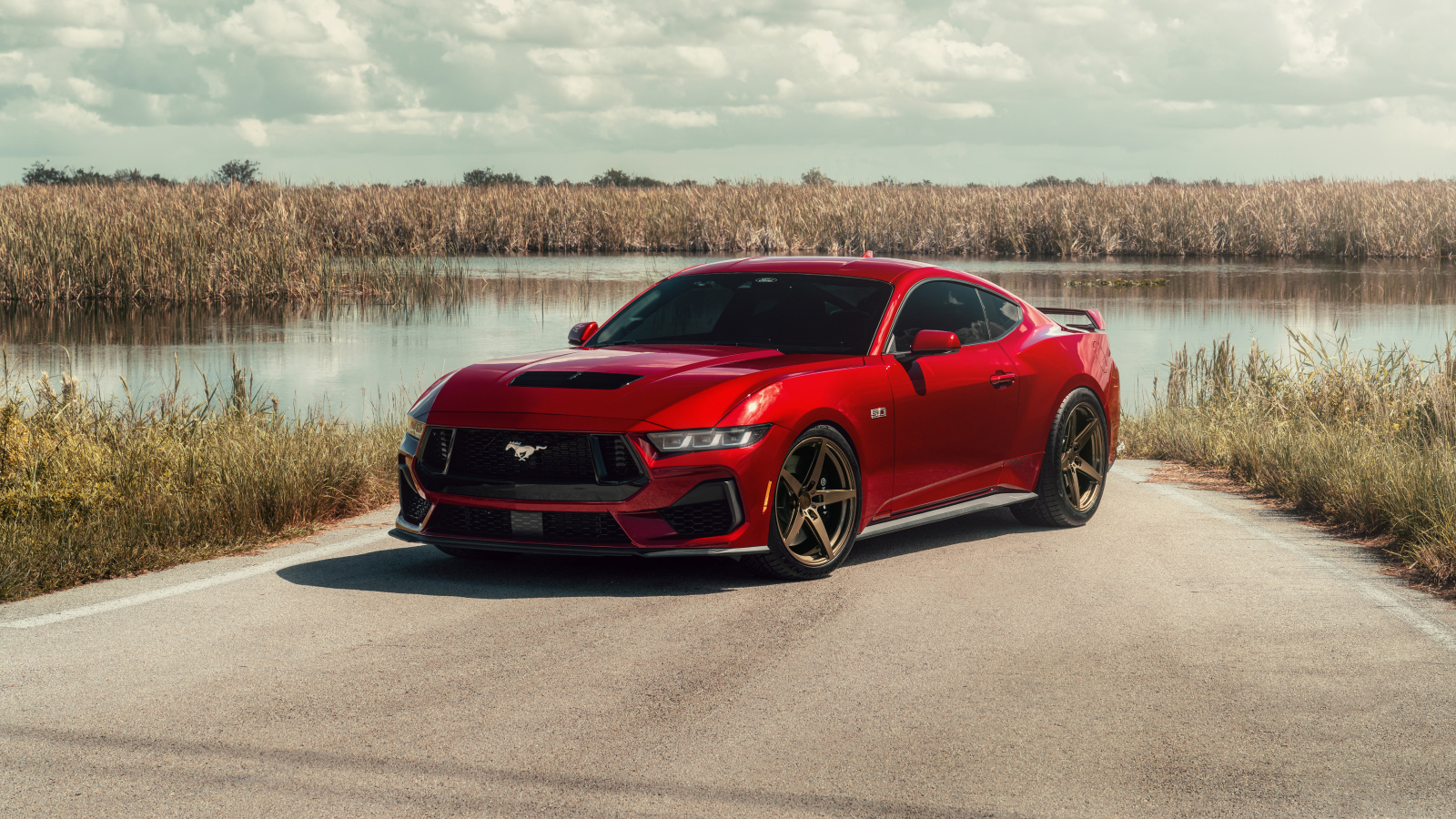 Красный Ford Mustang S650 у воды