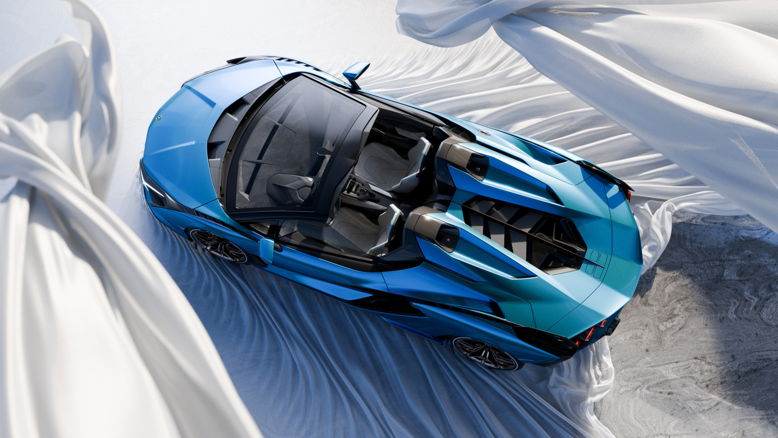 Вид сверху на голубой автомобиль Lamborghini Sián Roadster