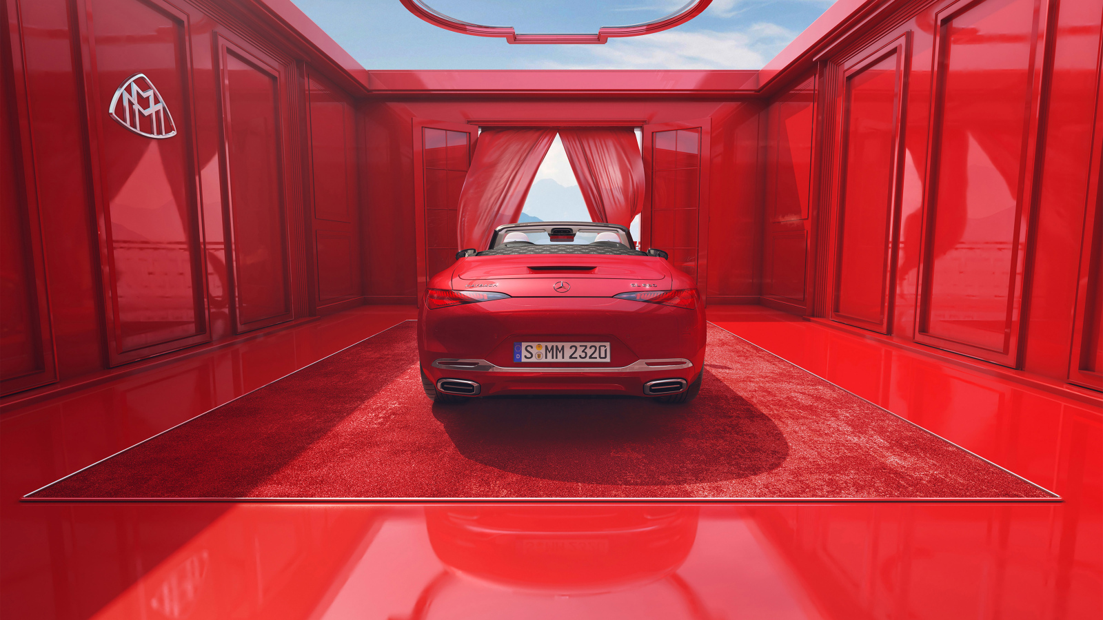 Красный автомобиль Mercedes-Maybach SL 680 Monogram Series 2024 года вид сзади