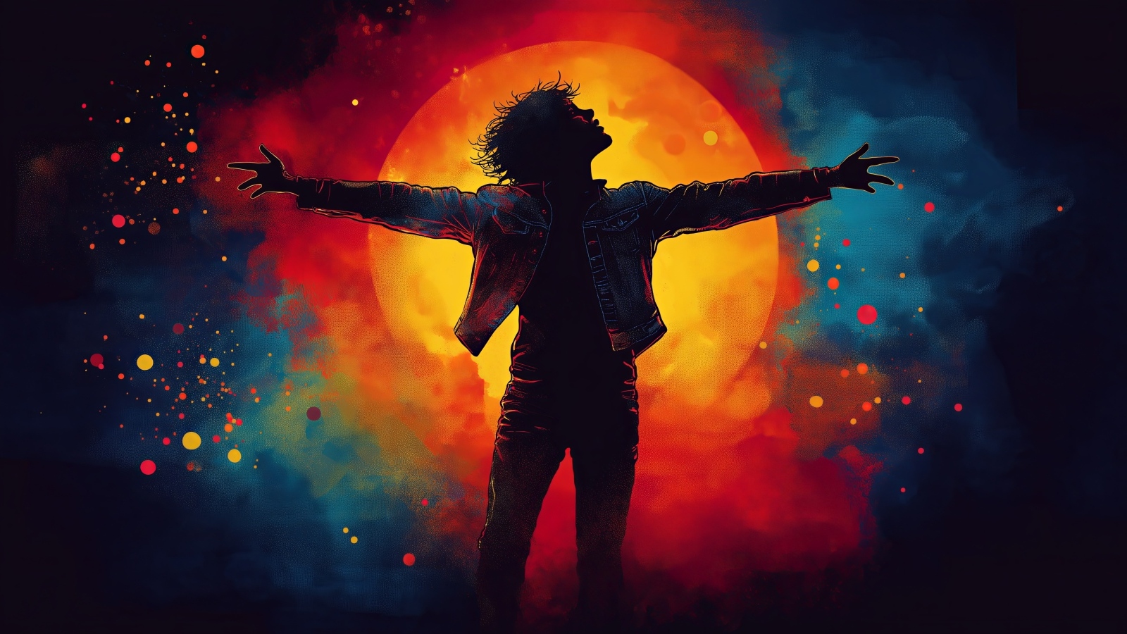 Нарисованный мужчина на фоне огненной луны