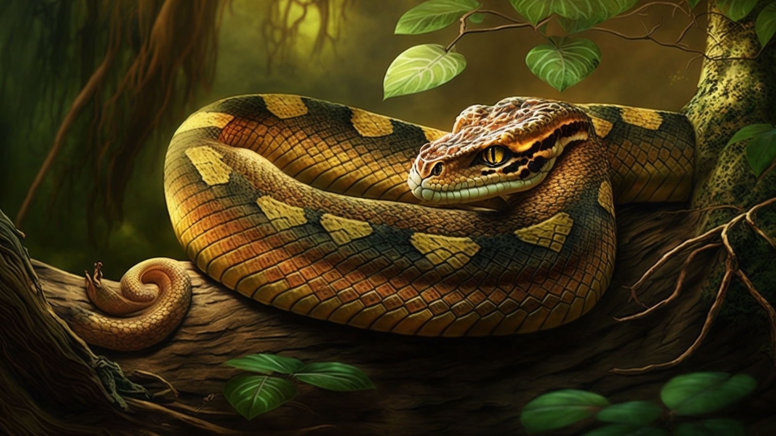 Нарисованная змея на ветке дерева