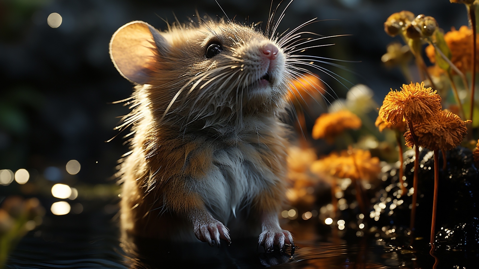 Маленький мышонок в мокрой траве