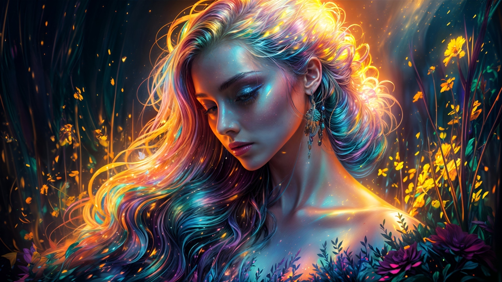 Нарисованная девушка с необычными красивыми волосами