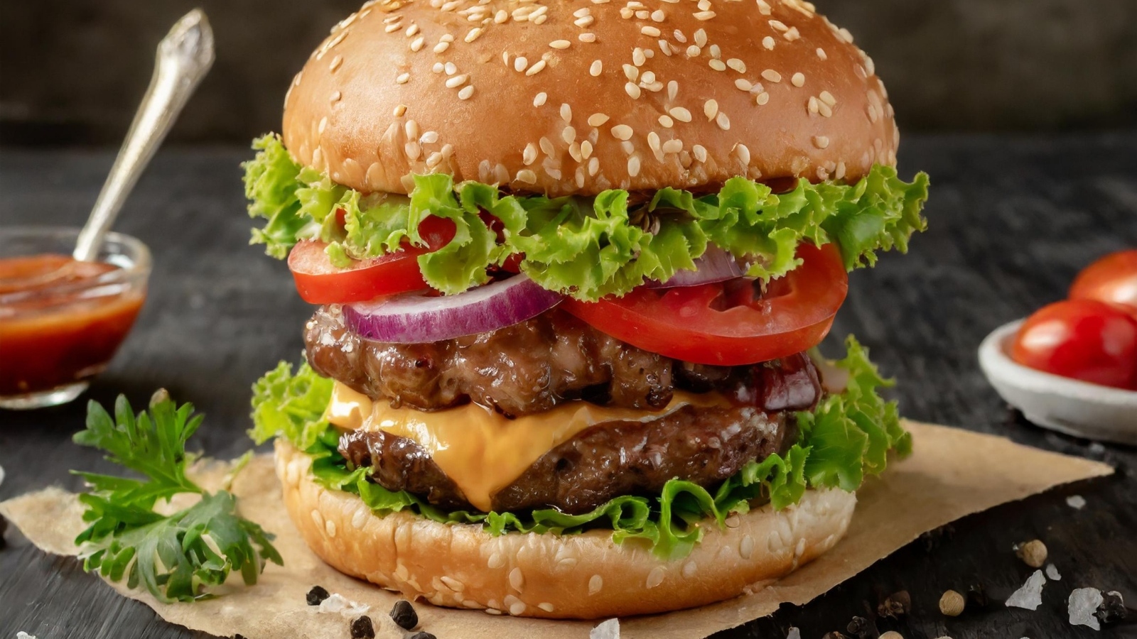 Гамбургер крупным планом на столе со специями